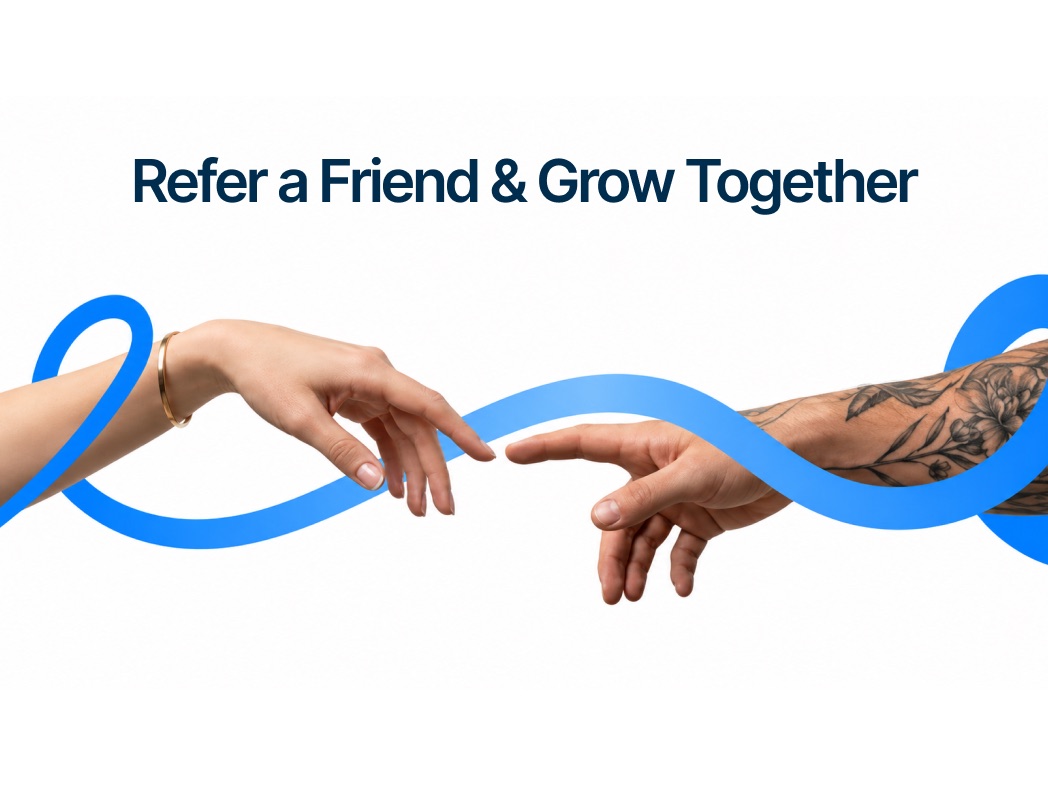 Two hands reaching toward each other, linked by a blue ribbon, under the words: Refer a friend and grow together