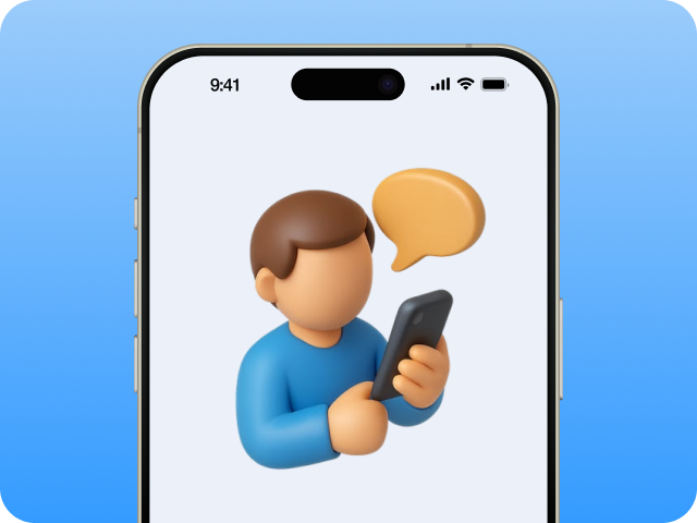 An illustration of a person holding a phone, with a speech bubble beside them.